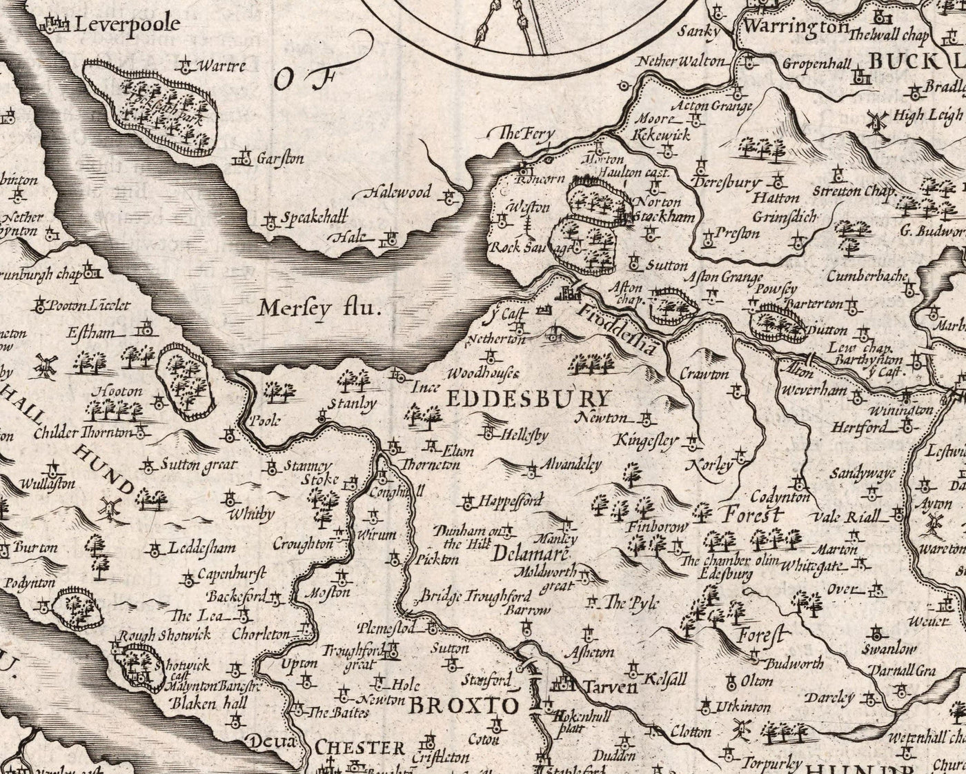 Old Monochrome Map of Cheshire in 1611 - Chester, Warrington, Crewe, Runcorn, Liverpool, Wirral, Merseyside