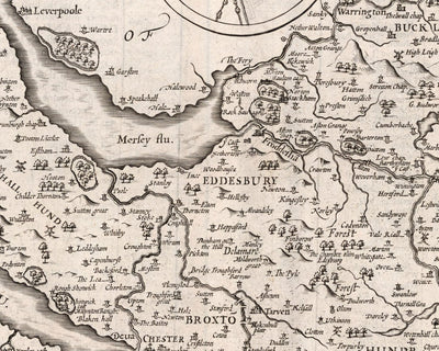 Old Monochrome Map of Cheshire in 1611 - Chester, Warrington, Crewe, Runcorn, Liverpool, Wirral, Merseyside