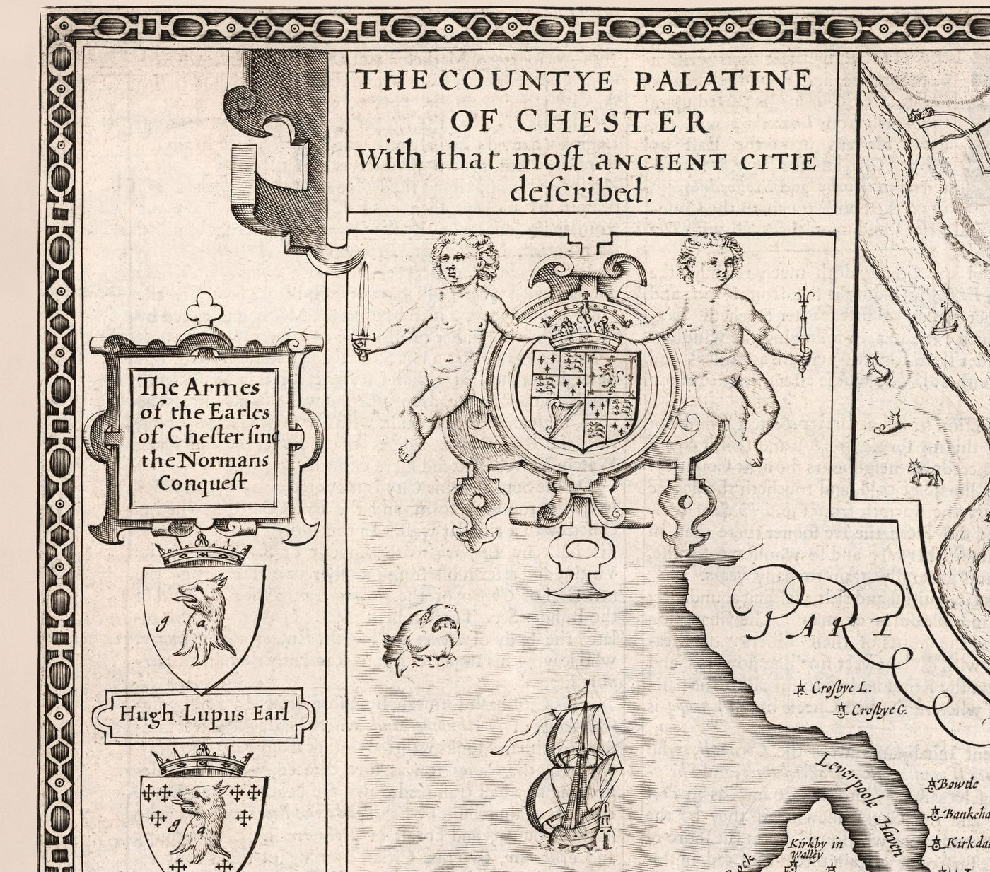 Old Monochrome Map of Cheshire in 1611 - Chester, Warrington, Crewe, Runcorn, Liverpool, Wirral, Merseyside