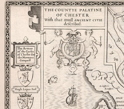Old Monochrome Map of Cheshire in 1611 - Chester, Warrington, Crewe, Runcorn, Liverpool, Wirral, Merseyside
