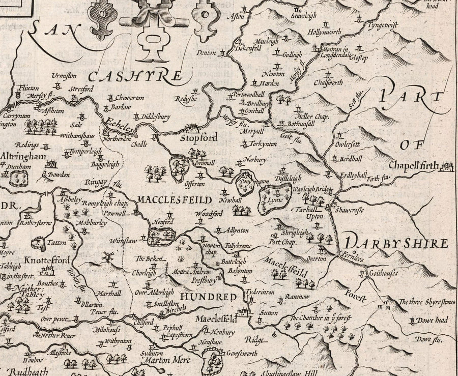 Ancienne carte monochrome du Cheshire en 1611 - Chester, Warrington, Crewe, Runcorn, Liverpool, Wirral, Merseyside 