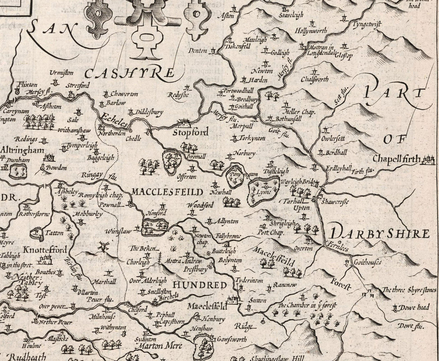 Old Monochrome Map of Cheshire in 1611 - Chester, Warrington, Crewe, Runcorn, Liverpool, Wirral, Merseyside