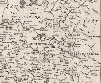 Old Monochrome Map of Cheshire in 1611 - Chester, Warrington, Crewe, Runcorn, Liverpool, Wirral, Merseyside