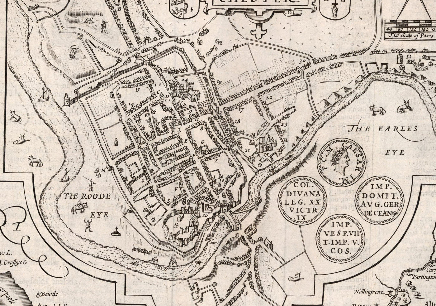 Old Monochrome Map of Cheshire in 1611 - Chester, Warrington, Crewe, Runcorn, Liverpool, Wirral, Merseyside