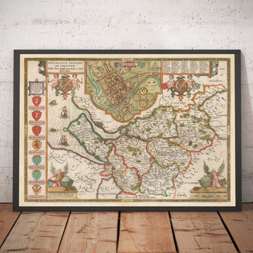 Ancienne carte du Cheshire en 1611 par John Speed - Chester, Warrington, Crewe, Runcorn, Liverpool, Wirral, Merseyside 