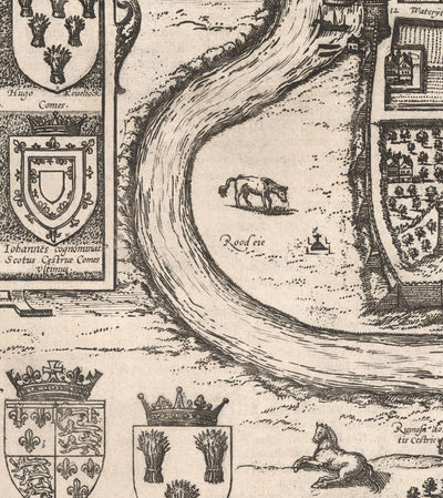 Mapa antiguo de Chester, Cheshire 1581 por Georg Braun - Castillo, Catedral, Murallas de la ciudad romana