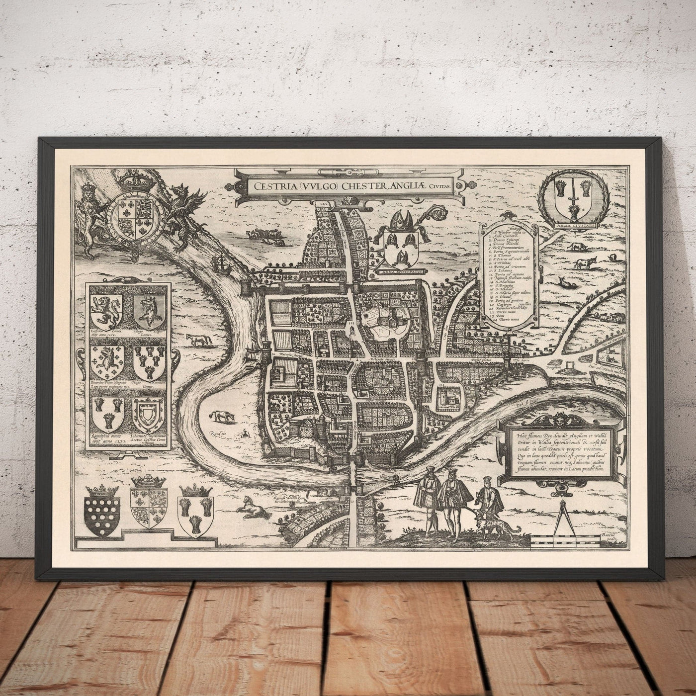 Mapa antiguo de Chester, Cheshire 1581 por Georg Braun - Castillo, Catedral, Murallas de la ciudad romana
