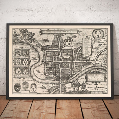 Mapa antiguo de Chester, Cheshire 1581 por Georg Braun - Castillo, Catedral, Murallas de la ciudad romana