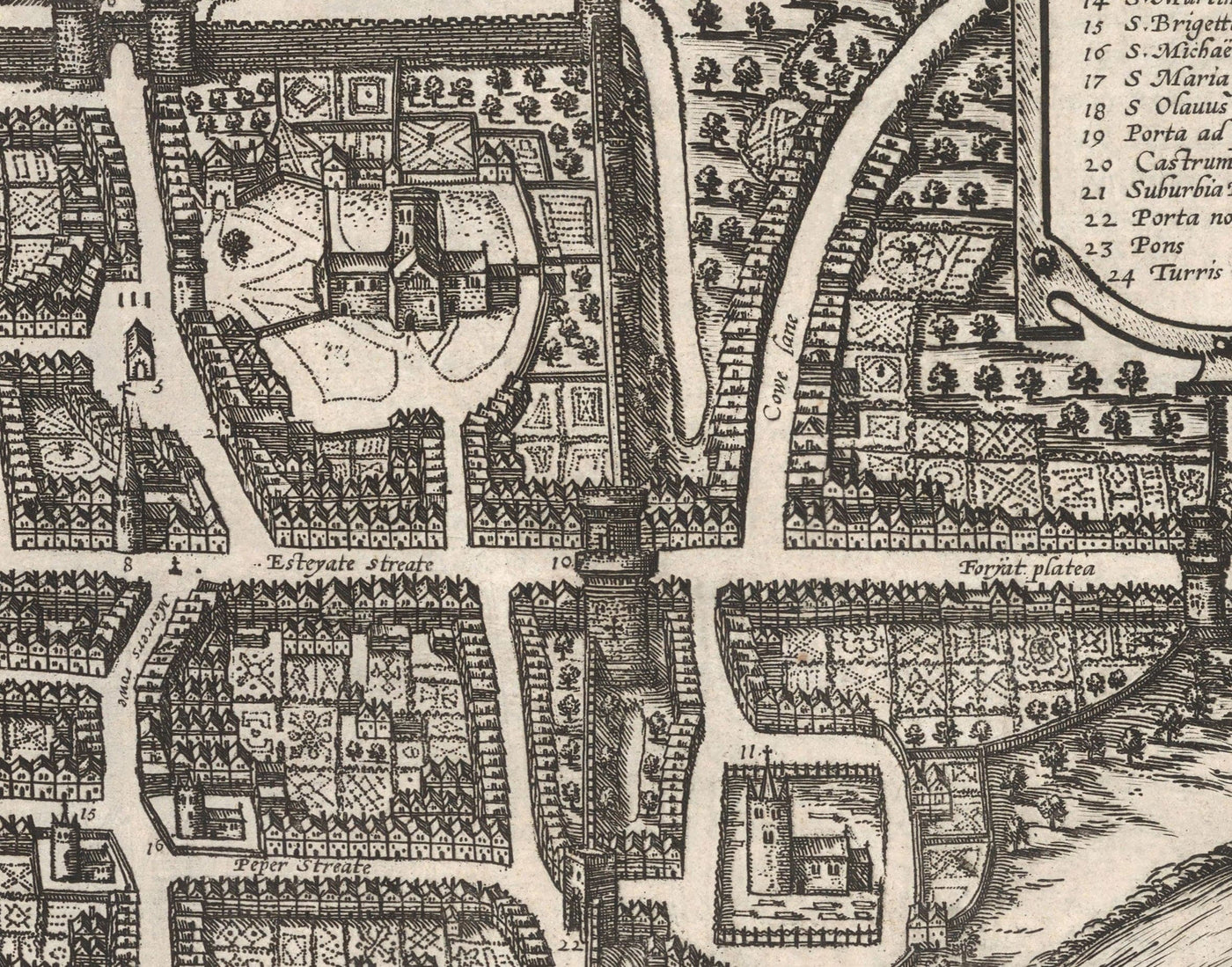 Mapa antiguo de Chester, Cheshire 1581 por Georg Braun - Castillo, Catedral, Murallas de la ciudad romana
