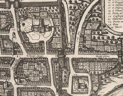 Mapa antiguo de Chester, Cheshire 1581 por Georg Braun - Castillo, Catedral, Murallas de la ciudad romana