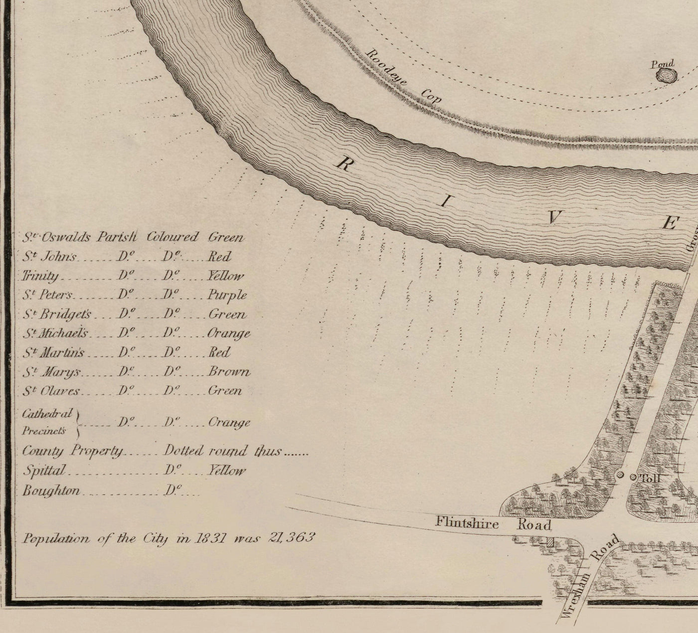 Viejo mapa de Chester, 1833 de John Wood - Catedral, Castillo, Curso de carreras, paredes, Río Dee, Tabla del Plan del Centro de Ciudad
