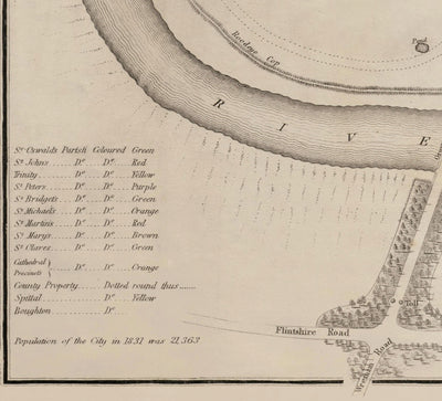 Viejo mapa de Chester, 1833 de John Wood - Catedral, Castillo, Curso de carreras, paredes, Río Dee, Tabla del Plan del Centro de Ciudad