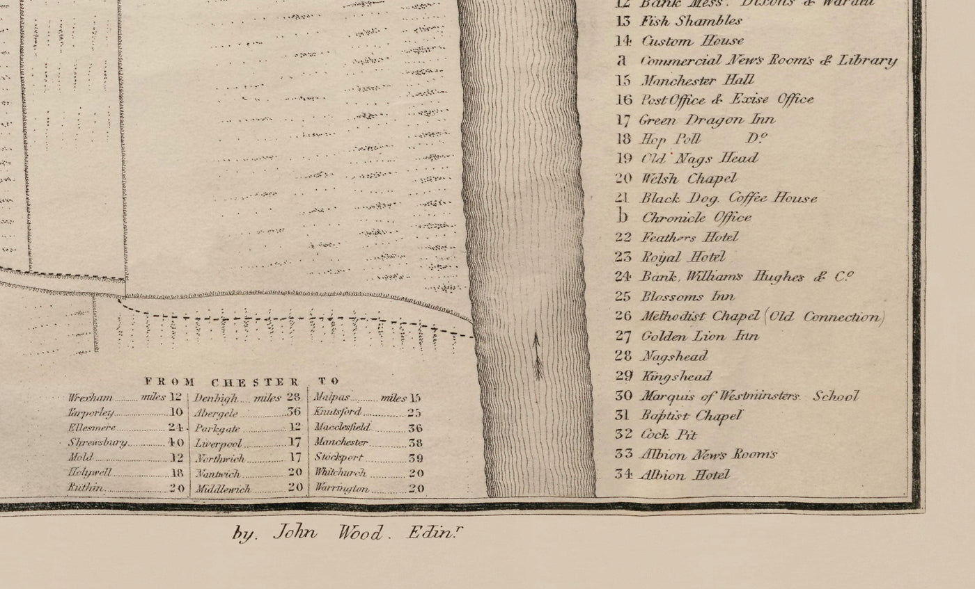 Viejo mapa de Chester, 1833 de John Wood - Catedral, Castillo, Curso de carreras, paredes, Río Dee, Tabla del Plan del Centro de Ciudad