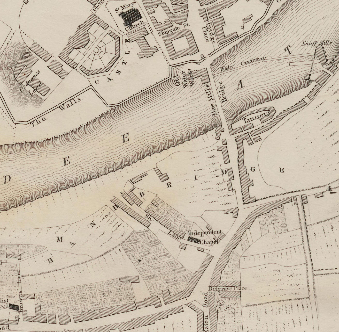 Viejo mapa de Chester, 1833 de John Wood - Catedral, Castillo, Curso de carreras, paredes, Río Dee, Tabla del Plan del Centro de Ciudad
