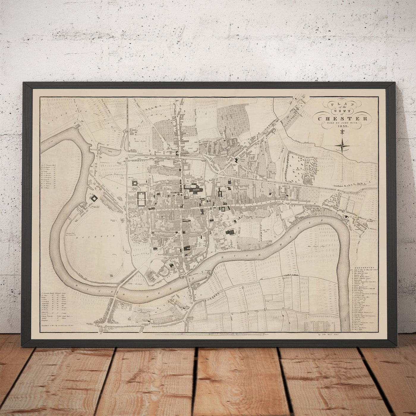 Viejo mapa de Chester, 1833 de John Wood - Catedral, Castillo, Curso de carreras, paredes, Río Dee, Tabla del Plan del Centro de Ciudad