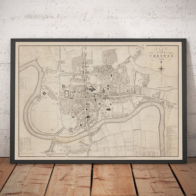 Viejo mapa de Chester, 1833 de John Wood - Catedral, Castillo, Curso de carreras, paredes, Río Dee, Tabla del Plan del Centro de Ciudad