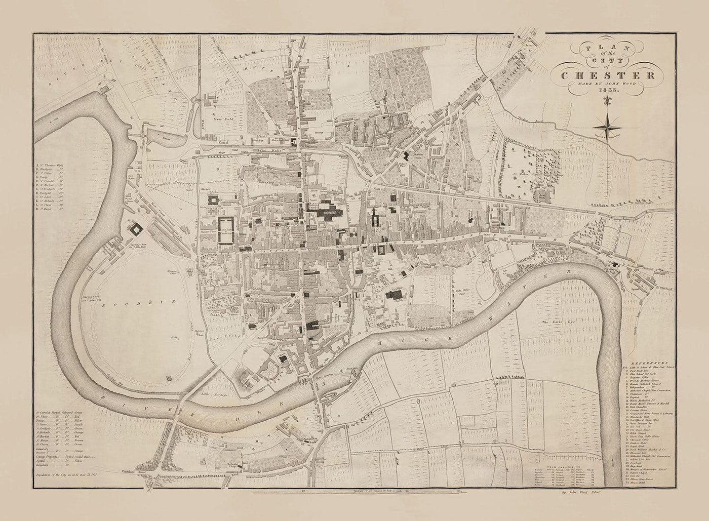 Viejo mapa de Chester, 1833 de John Wood - Catedral, Castillo, Curso de carreras, paredes, Río Dee, Tabla del Plan del Centro de Ciudad