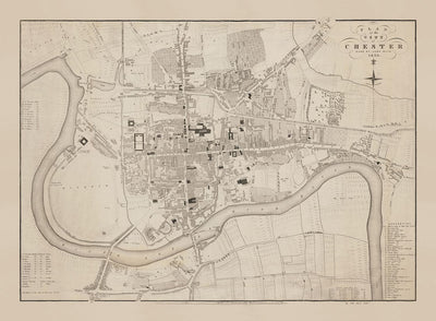 Viejo mapa de Chester, 1833 de John Wood - Catedral, Castillo, Curso de carreras, paredes, Río Dee, Tabla del Plan del Centro de Ciudad