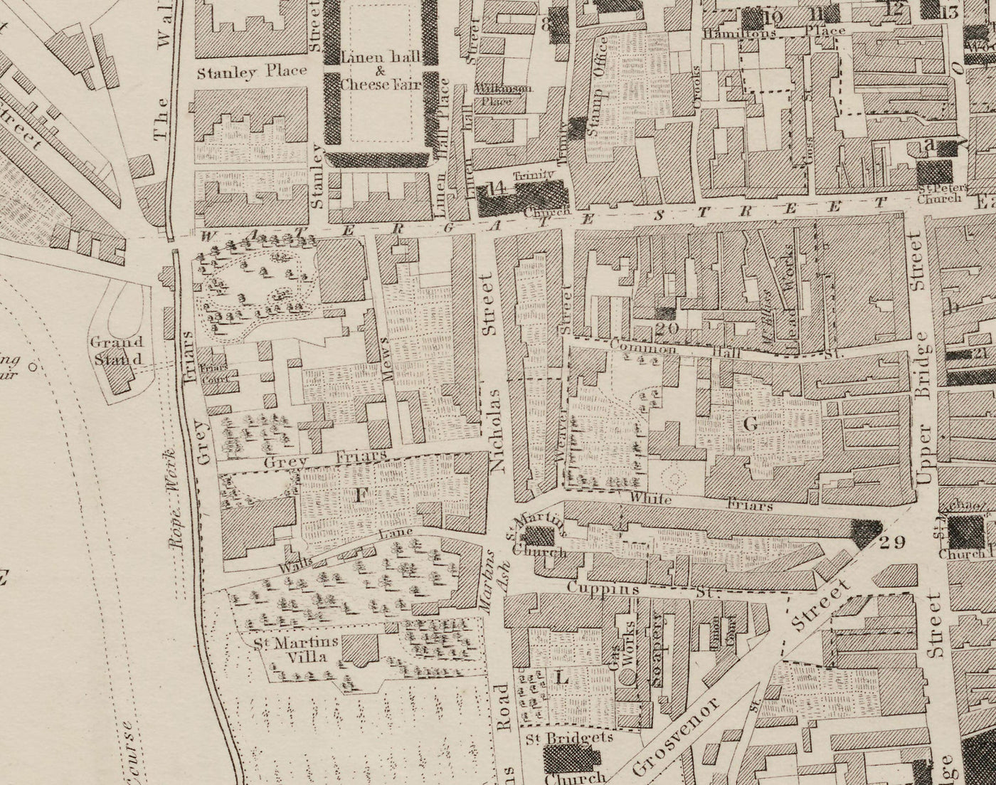 Viejo mapa de Chester, 1833 de John Wood - Catedral, Castillo, Curso de carreras, paredes, Río Dee, Tabla del Plan del Centro de Ciudad