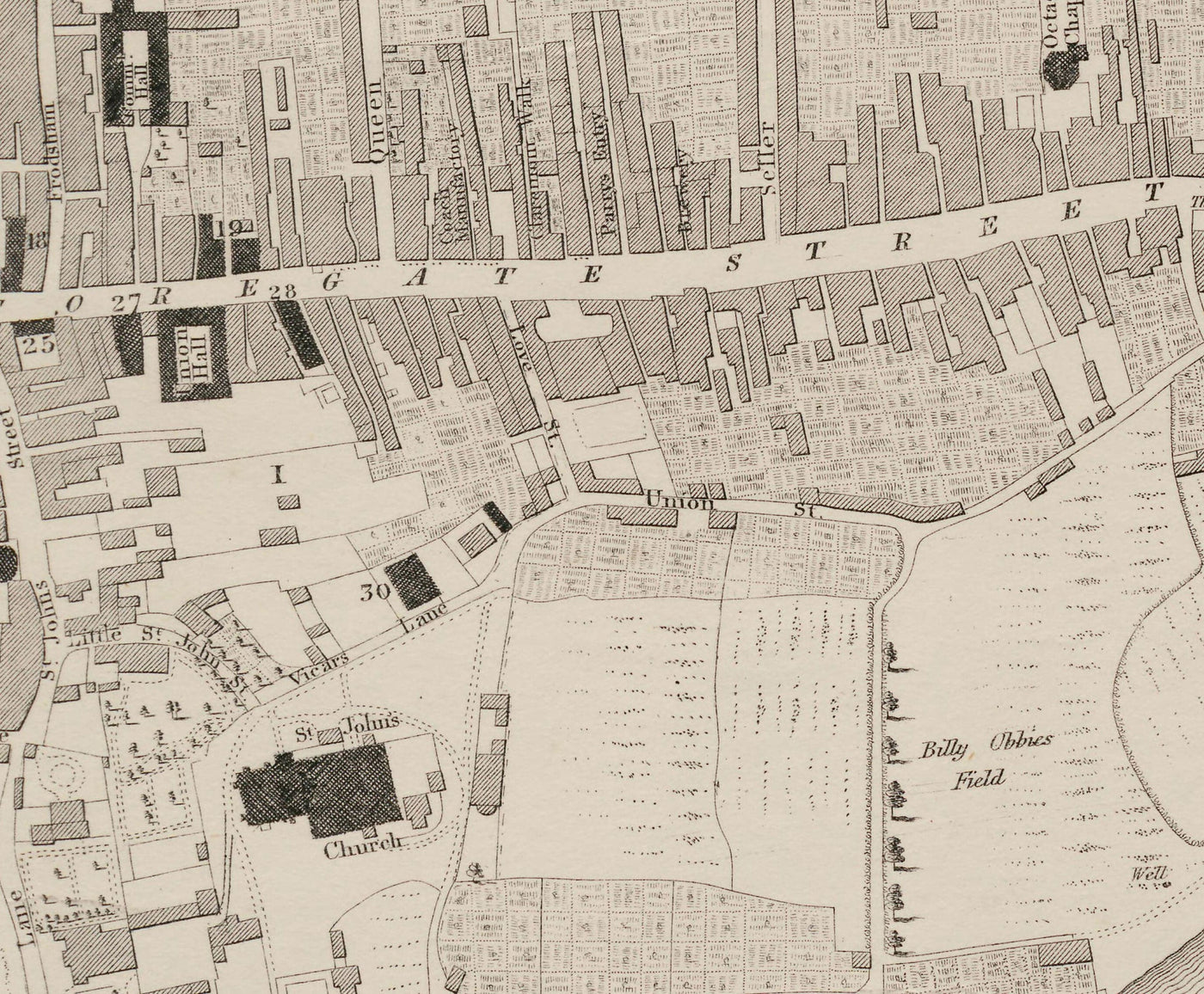 Viejo mapa de Chester, 1833 de John Wood - Catedral, Castillo, Curso de carreras, paredes, Río Dee, Tabla del Plan del Centro de Ciudad