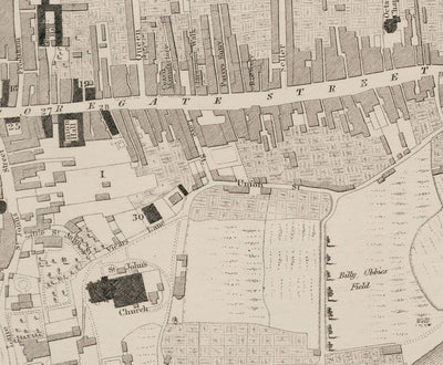 Viejo mapa de Chester, 1833 de John Wood - Catedral, Castillo, Curso de carreras, paredes, Río Dee, Tabla del Plan del Centro de Ciudad