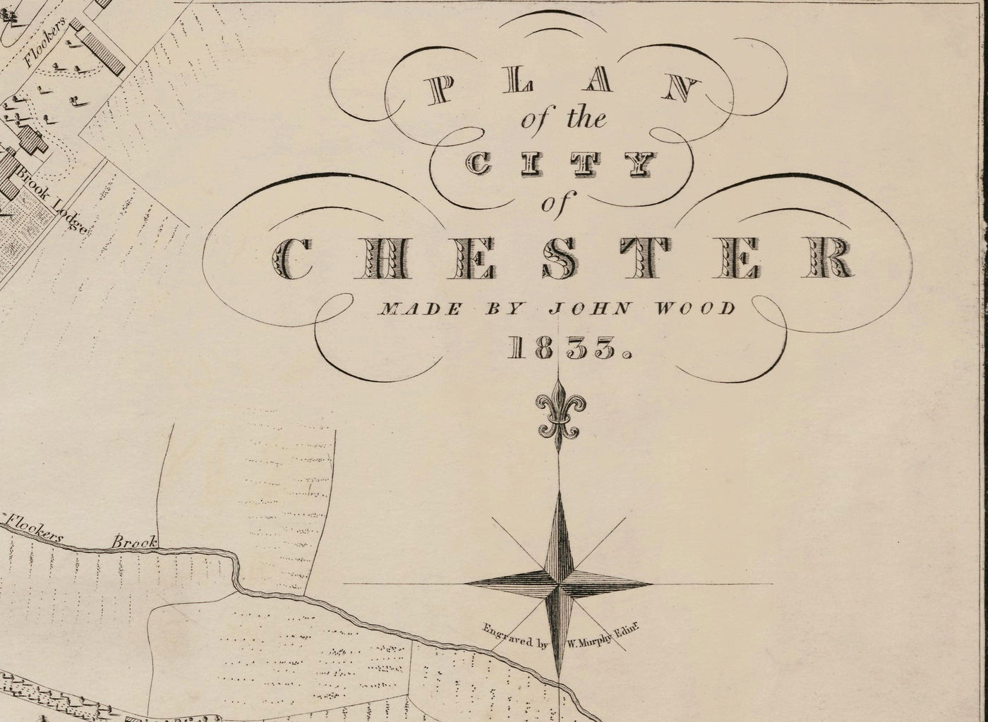 Viejo mapa de Chester, 1833 de John Wood - Catedral, Castillo, Curso de carreras, paredes, Río Dee, Tabla del Plan del Centro de Ciudad