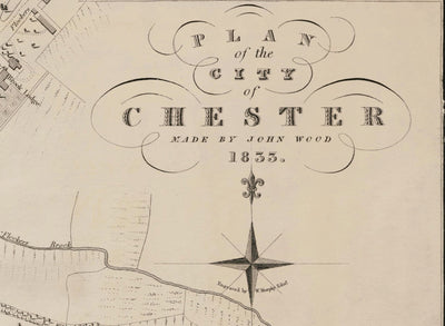 Viejo mapa de Chester, 1833 de John Wood - Catedral, Castillo, Curso de carreras, paredes, Río Dee, Tabla del Plan del Centro de Ciudad