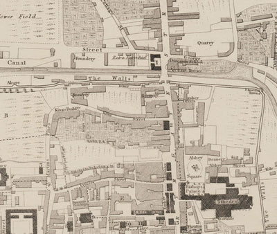 Viejo mapa de Chester, 1833 de John Wood - Catedral, Castillo, Curso de carreras, paredes, Río Dee, Tabla del Plan del Centro de Ciudad