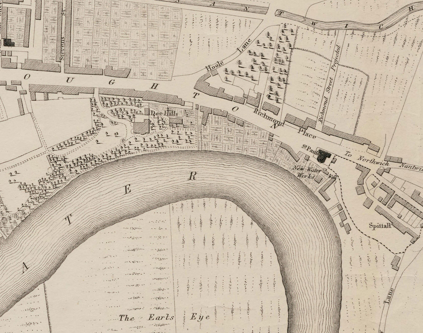 Viejo mapa de Chester, 1833 de John Wood - Catedral, Castillo, Curso de carreras, paredes, Río Dee, Tabla del Plan del Centro de Ciudad