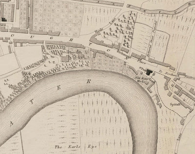 Viejo mapa de Chester, 1833 de John Wood - Catedral, Castillo, Curso de carreras, paredes, Río Dee, Tabla del Plan del Centro de Ciudad