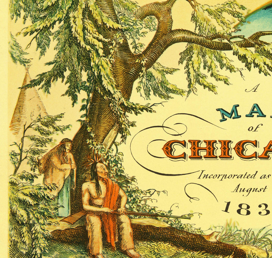 Mappa antica di Chicago, 1833 di Stelzer & Conley - 350 abitanti. Città - Lago Michigan, centro città, fiume Chicago 