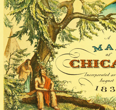 Old Map of Chicago, 1833 by Stelzer & Conley - 350 Pop. Town - Lake Michigan, Downtown, Chicago River