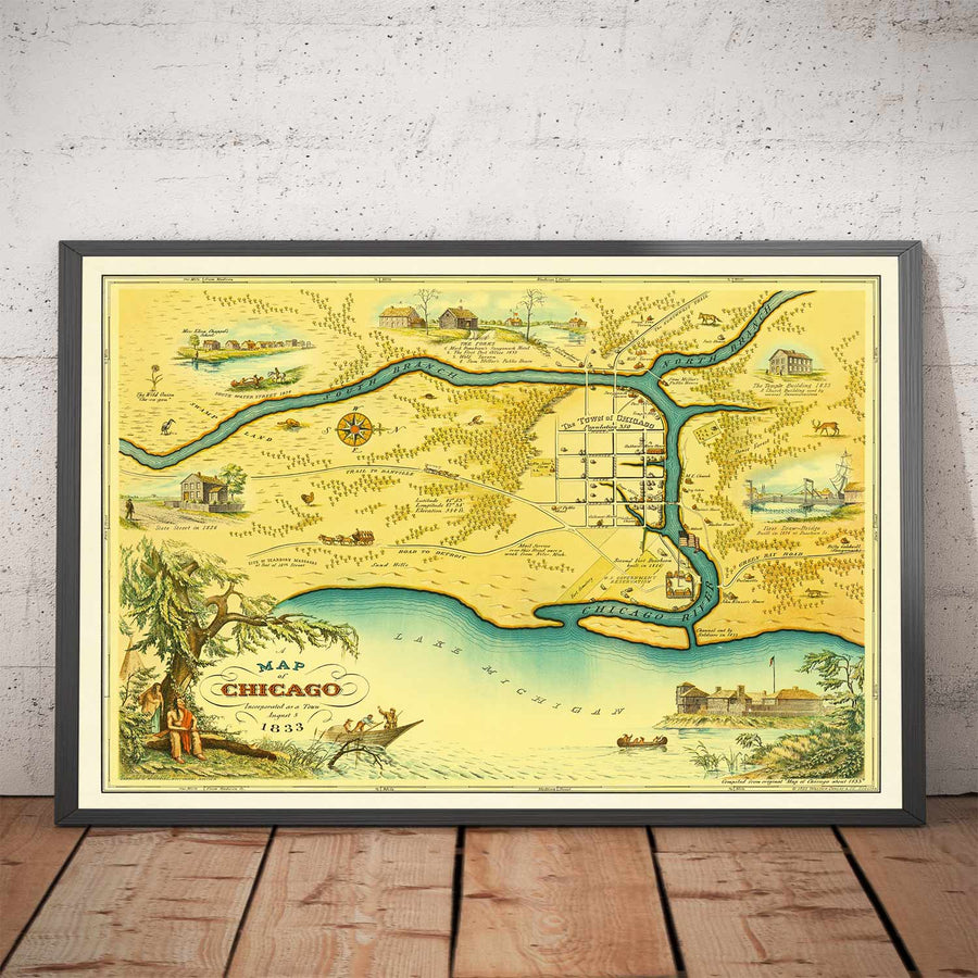 Mappa antica di Chicago, 1833 di Stelzer & Conley - 350 abitanti. Città - Lago Michigan, centro città, fiume Chicago 