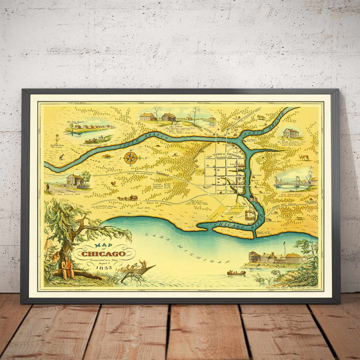 Old Map of Chicago, 1833 by Stelzer & Conley - 350 Pop. Town - Lake Michigan, Downtown, Chicago River