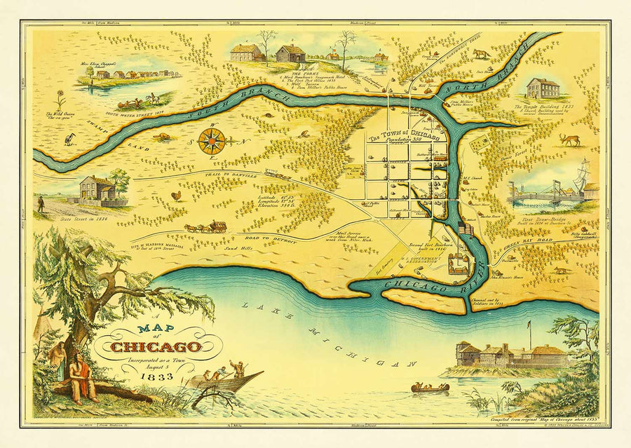 Mappa antica di Chicago, 1833 di Stelzer & Conley - 350 abitanti. Città - Lago Michigan, centro città, fiume Chicago 