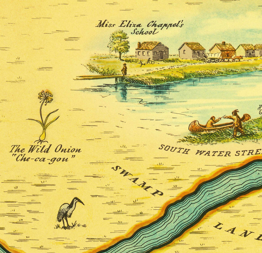 Mappa antica di Chicago, 1833 di Stelzer & Conley - 350 abitanti. Città - Lago Michigan, centro città, fiume Chicago 