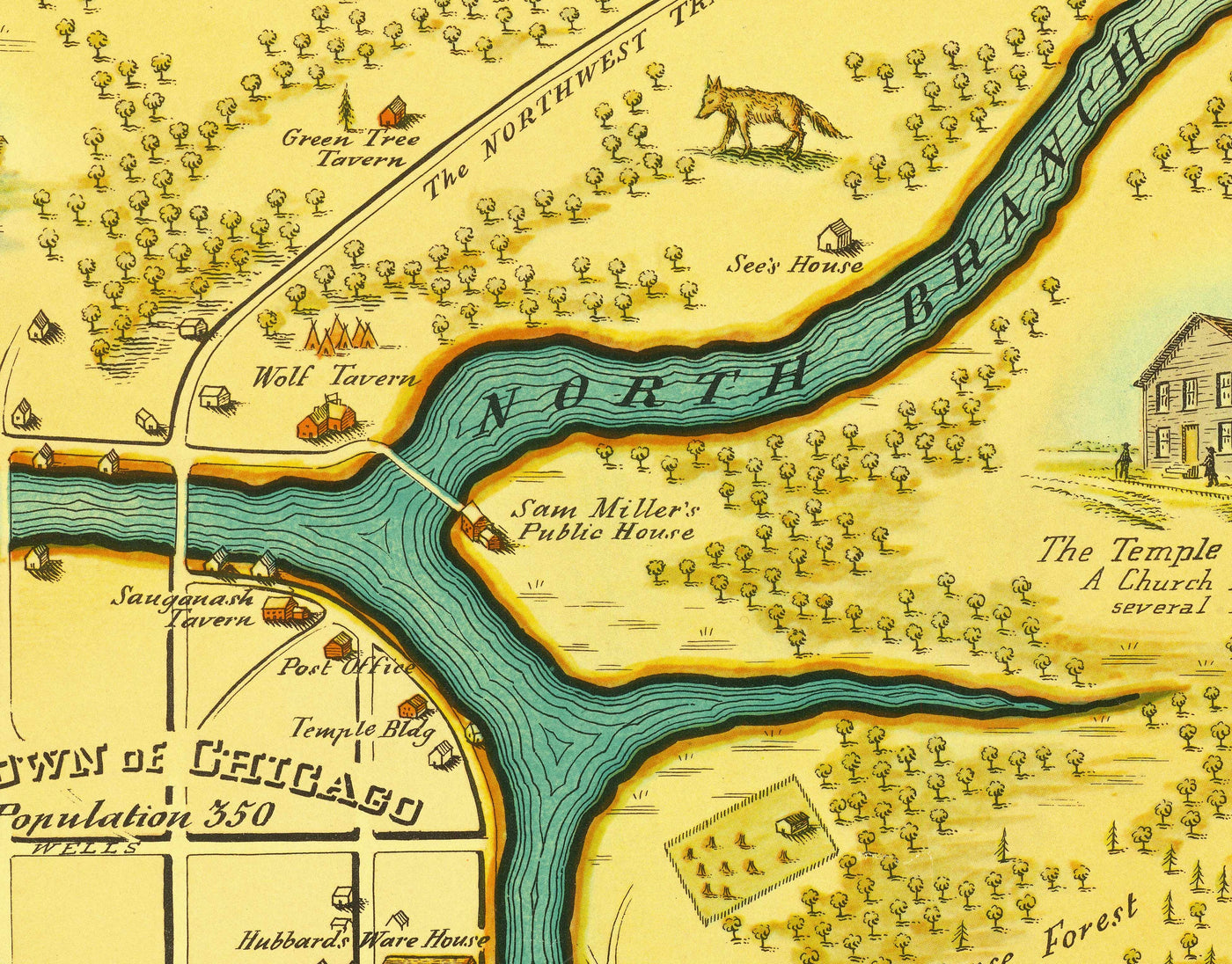 Old Map of Chicago, 1833 by Stelzer & Conley - 350 Pop. Town - Lake Michigan, Downtown, Chicago River