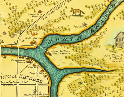 Old Map of Chicago, 1833 by Stelzer & Conley - 350 Pop. Town - Lake Michigan, Downtown, Chicago River