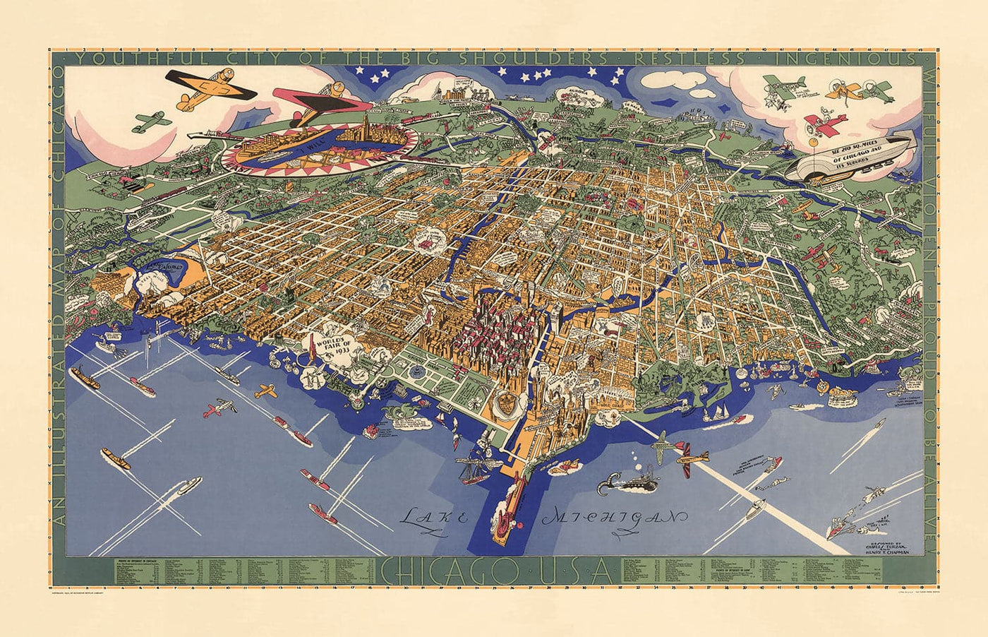 Ancienne Carte de Chicago, 1931 - Birdseye Carte du centre-ville, Grant Park, Central, Magnifique Mile, Lac Michigan, banlieue