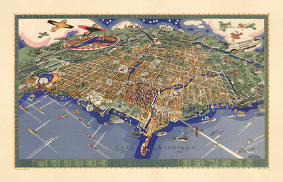 Ancienne Carte de Chicago, 1931 - Birdseye Carte du centre-ville, Grant Park, Central, Magnifique Mile, Lac Michigan, banlieue
