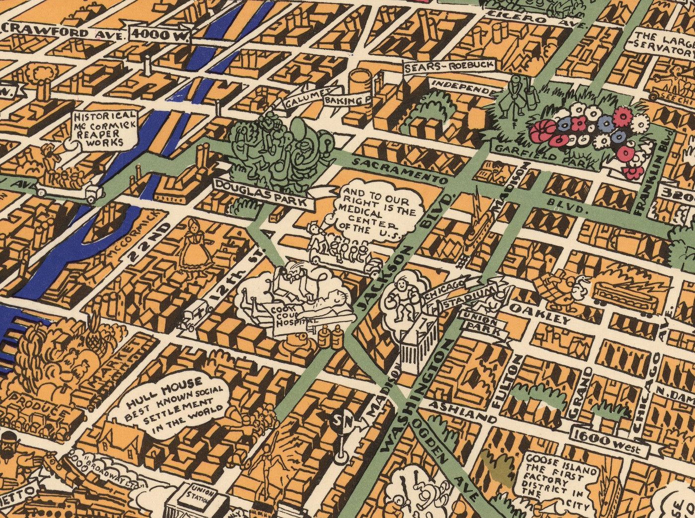 Ancienne Carte de Chicago, 1931 - Birdseye Carte du centre-ville, Grant Park, Central, Magnifique Mile, Lac Michigan, banlieue