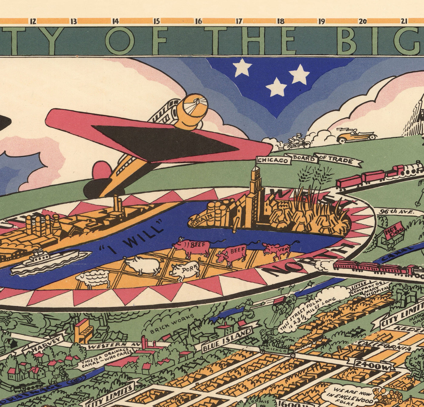 Ancienne Carte de Chicago, 1931 - Birdseye Carte du centre-ville, Grant Park, Central, Magnifique Mile, Lac Michigan, banlieue