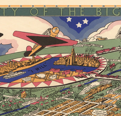Ancienne Carte de Chicago, 1931 - Birdseye Carte du centre-ville, Grant Park, Central, Magnifique Mile, Lac Michigan, banlieue