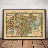 Rara mappa pittorica della Cina del 1931 di G Primakoff - Taiwan, Hainan, Hong Kong, Hanoi, Liaoning 