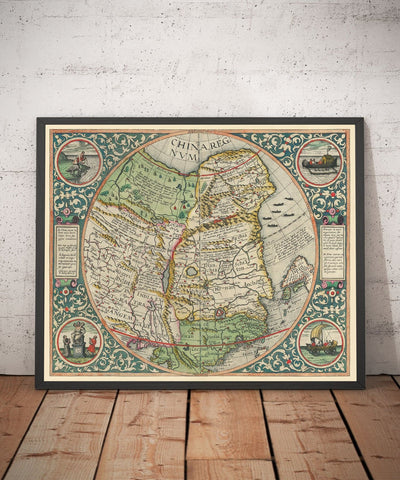 Rare ancienne carte de Chine, 1593 de Cornelis de Jode - Premier tableau européen de la Chine, du Japon et de la Corée