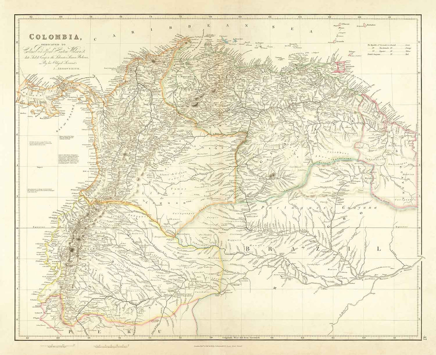 Old Map of Colombia, 1834 by Arrowsmith - Gran Colombia, Venezuela, Ecuador, Peru, Caribbean, Panama