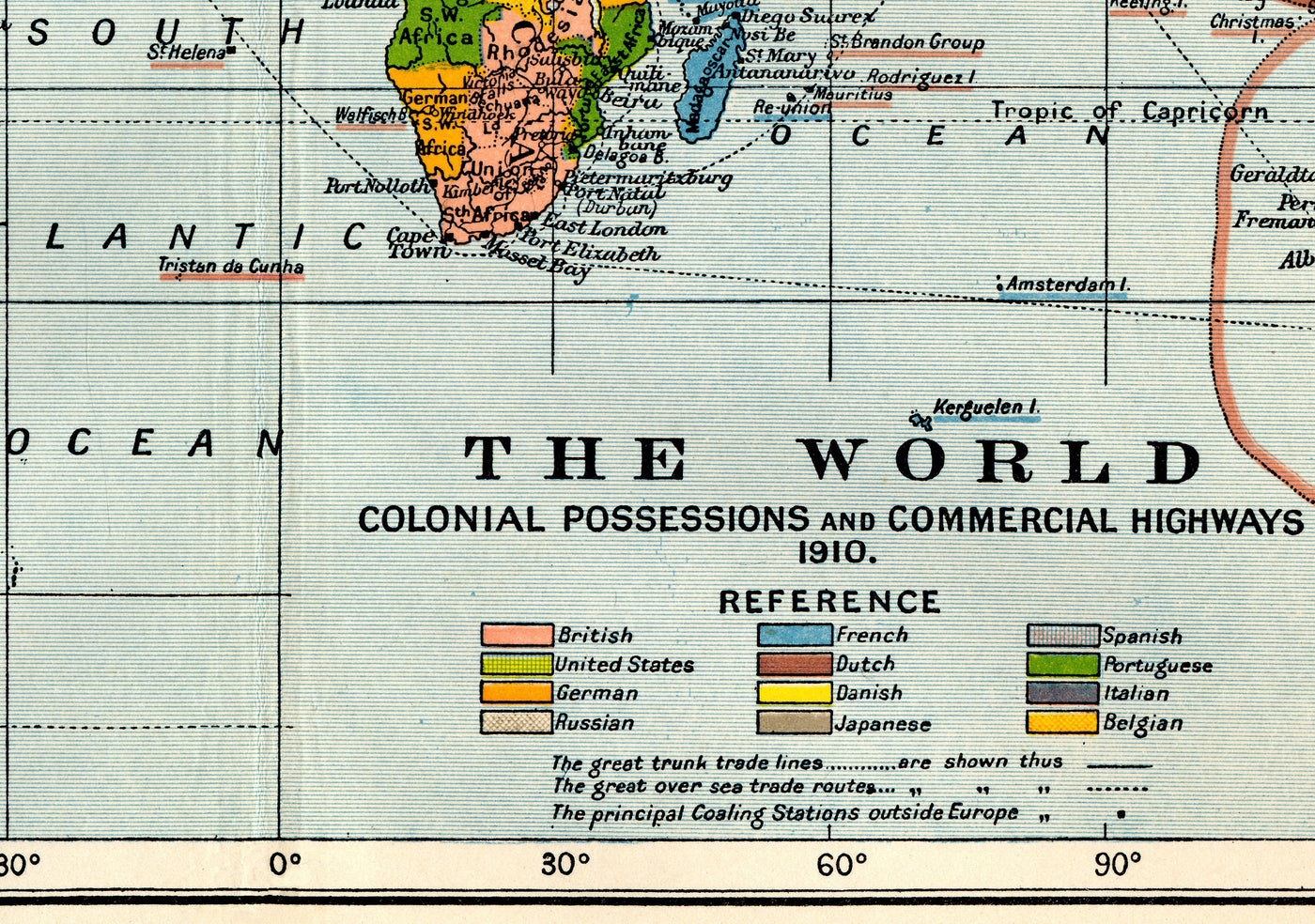 Antiguo Mapa Colonial del Mundo, 1912 por Cambridge Publishing - Imperio Británico, Imperio Francés, Imperio Holandés, Imperio Chino, Imperio Español