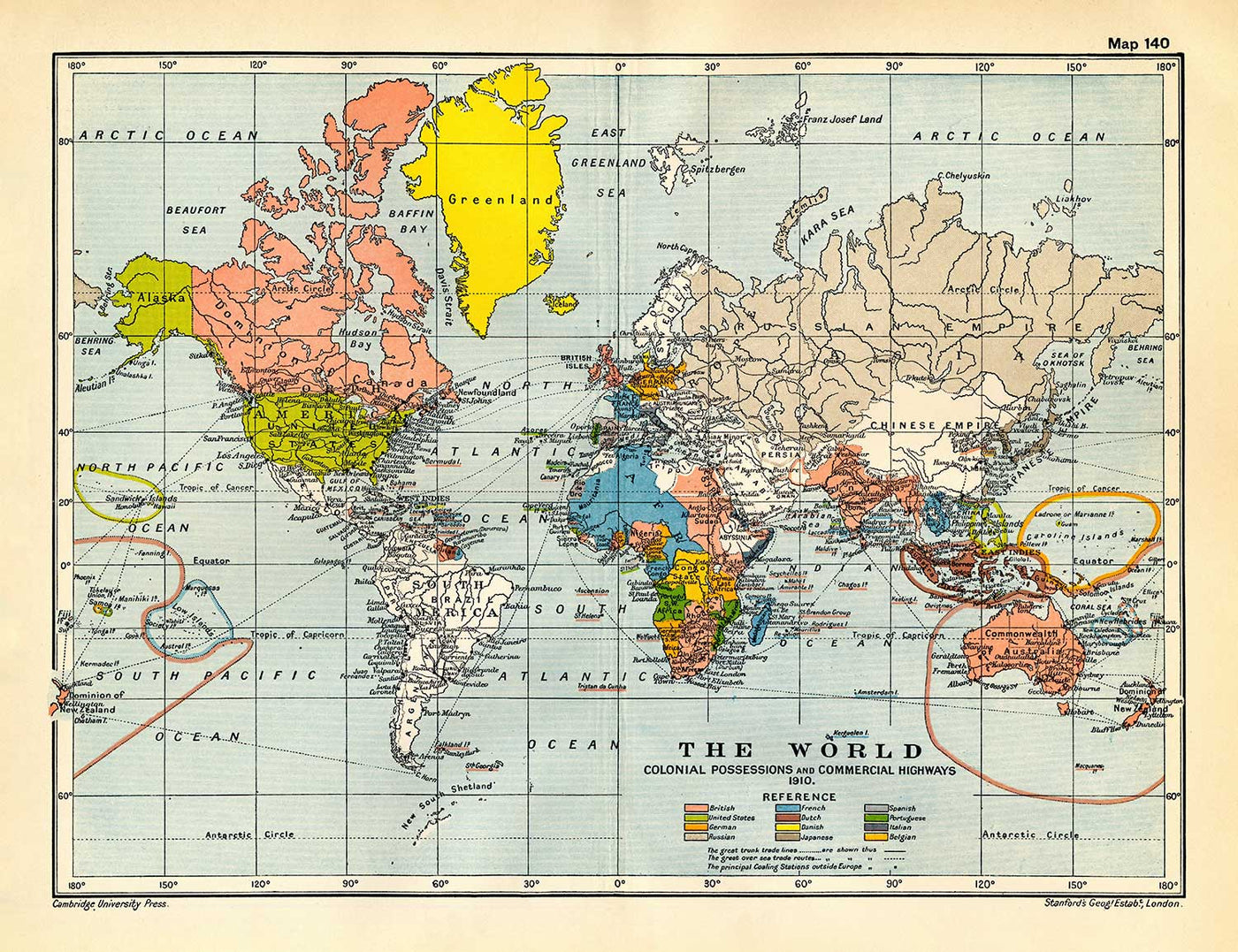 Antiguo Mapa Colonial del Mundo, 1912 por Cambridge Publishing - Imperio Británico, Imperio Francés, Imperio Holandés, Imperio Chino, Imperio Español