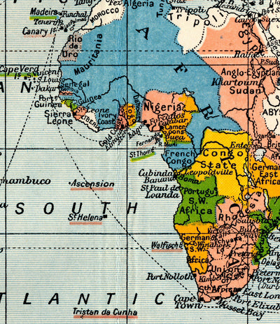 Antiguo Mapa Colonial del Mundo, 1912 por Cambridge Publishing - Imperio Británico, Imperio Francés, Imperio Holandés, Imperio Chino, Imperio Español