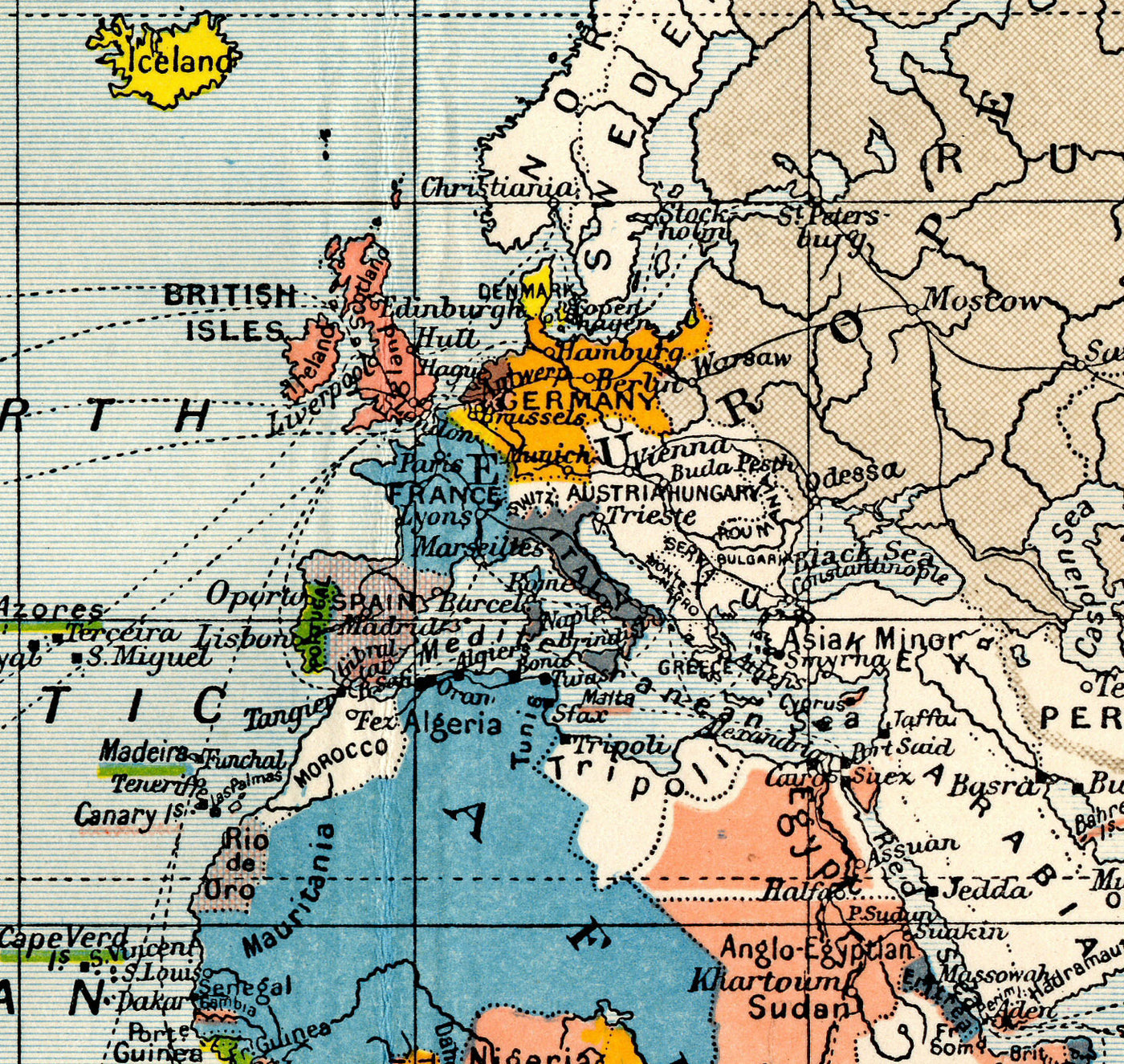 Antiguo Mapa Colonial del Mundo, 1912 por Cambridge Publishing - Imperio Británico, Imperio Francés, Imperio Holandés, Imperio Chino, Imperio Español